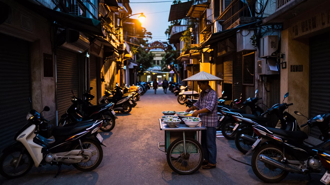 Hanoi Vietnam Predawn Street Scene with Street Vendor and Motorbikes in in Hanoi, Vietnam
