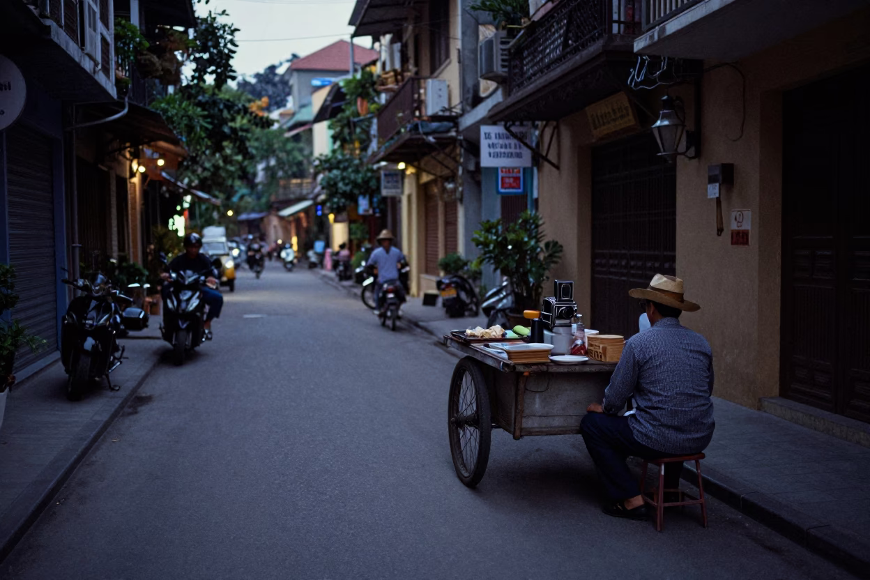 Hanoi Vietnam Predawn Street Scene with Vintage 1950s Aesthetic and Local Commerce in in Hanoi, Vietnam