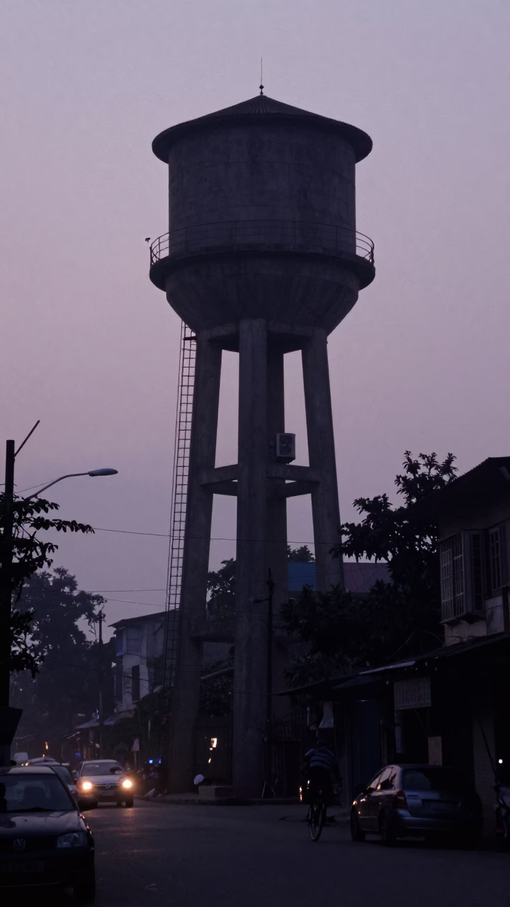Hanoi Vietnam Predawn Street Scene With Water Tower Ladder And Morning Mist in in Hanoi, Vietnam
