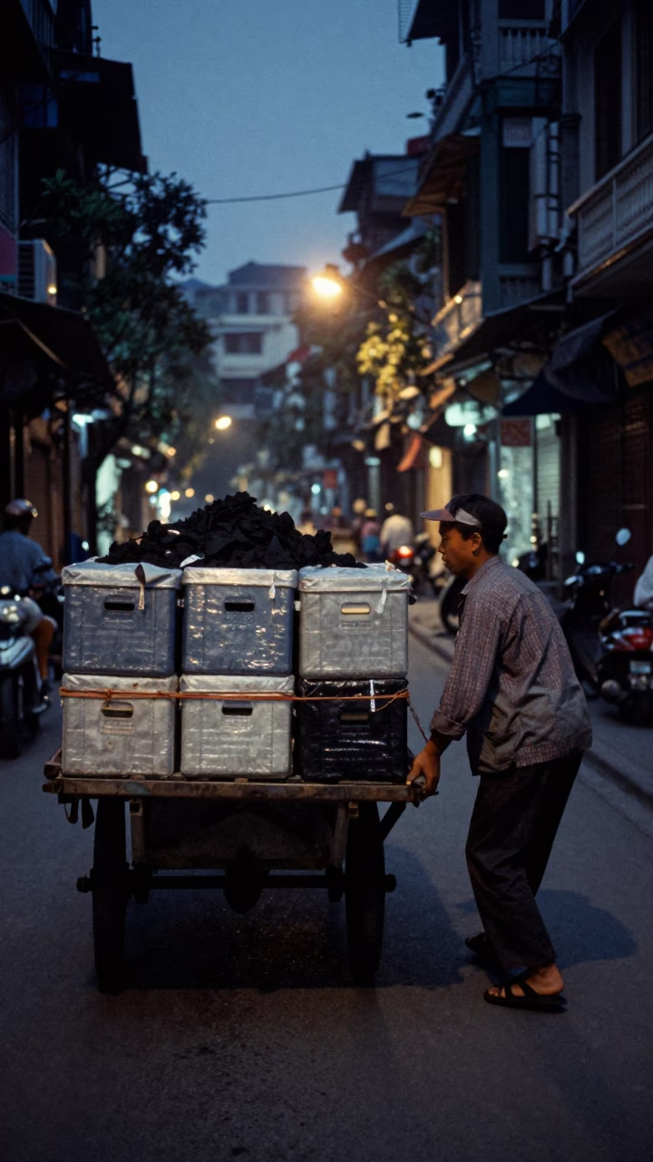 Hanoi Vietnam Predawn Street Vendor Coal Barge Logistics Scene in in Hanoi, Vietnam