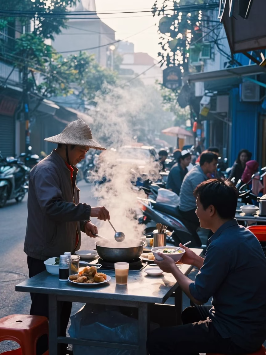 Hanoi Vietnam Street Breakfast Scene Before Sunrise with Steam and Local Interaction in in Hanoi, Vietnam