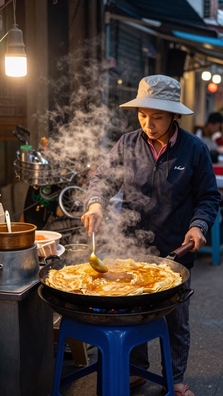 Hanoi Vietnam Street Food Evening Sizzling Banh Xeo Pan in Honeyed Light in in Hanoi, Vietnam