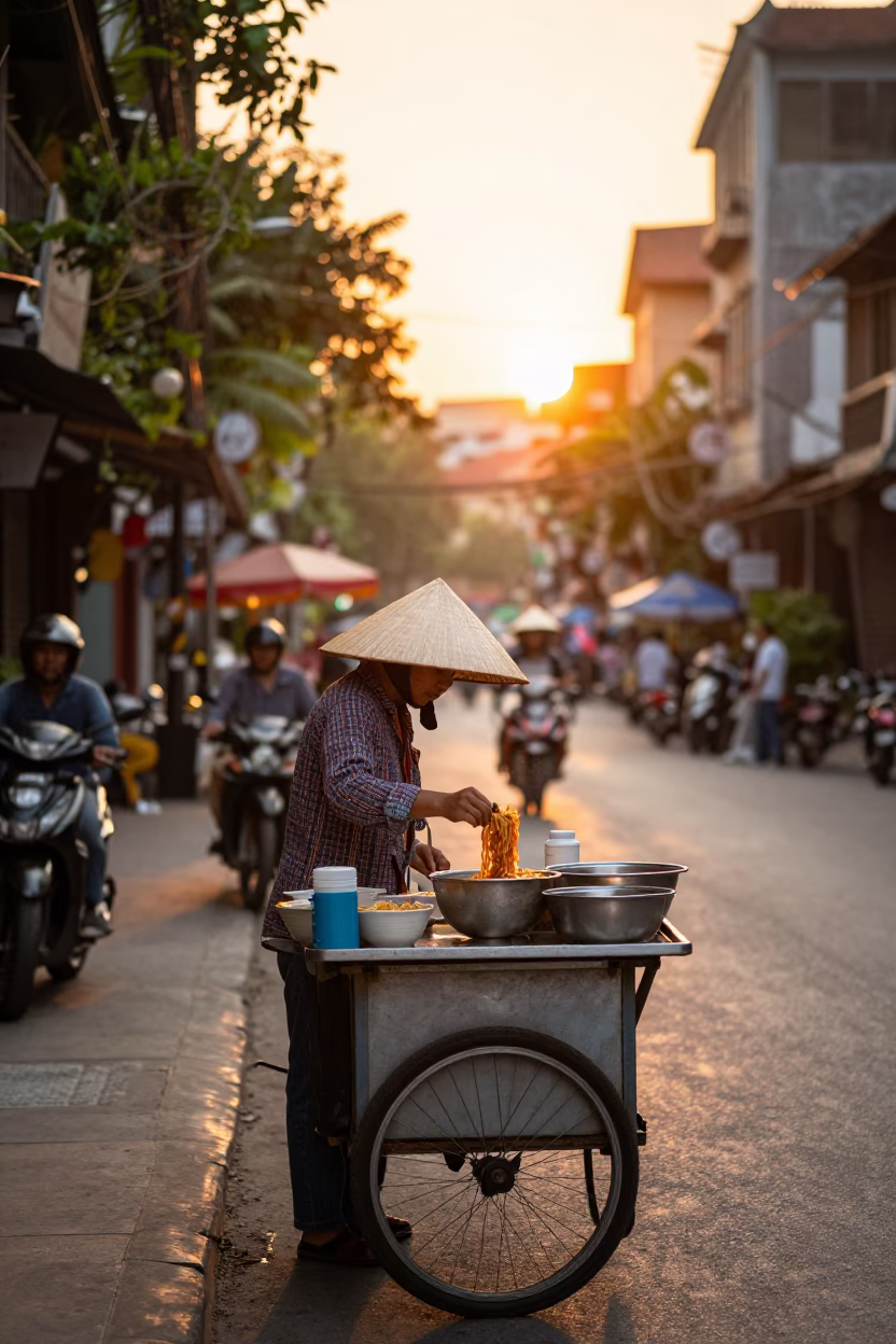 Hanoi Vietnam street food stall bibim guksu spicy noodles golden hour sunset in in Hanoi, Vietnam