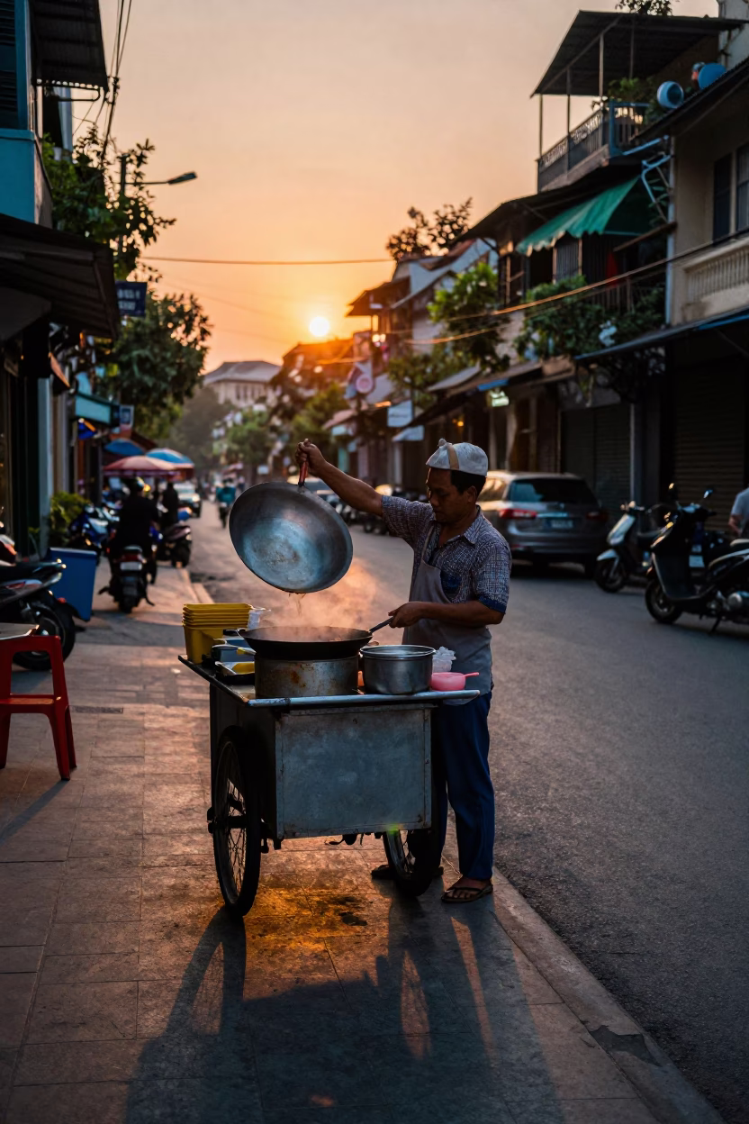Hanoi Vietnam street food vendor cooking at sunset with metal wok and steam rising in in Hanoi, Vietnam