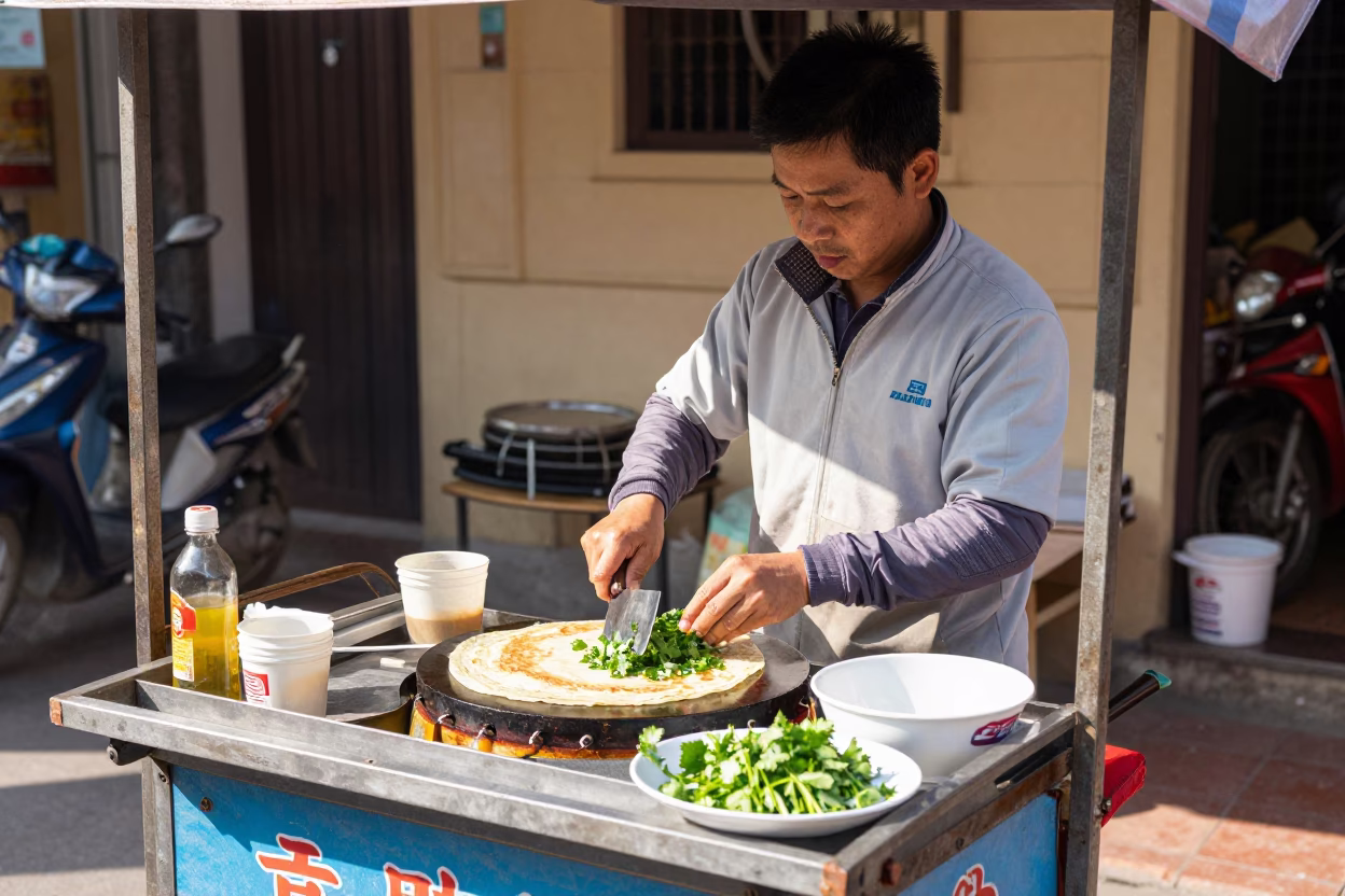Hanoi Vietnam Street Food Vendor Preparing Jianbing Crepe at Bright Midmorning Market Stall in in Hanoi, Vietnam