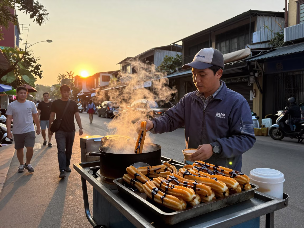 Hanoi Vietnam Street Food Vendor Selling Churros at Sunset with Local Customers in in Hanoi, Vietnam