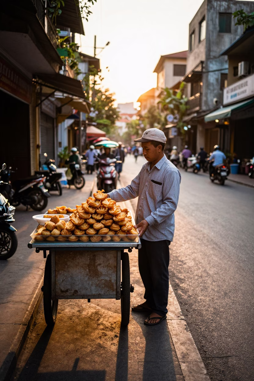 Hanoi Vietnam street food vendor selling palmier pastries at sunset near Old Quarter in in Hanoi, Vietnam