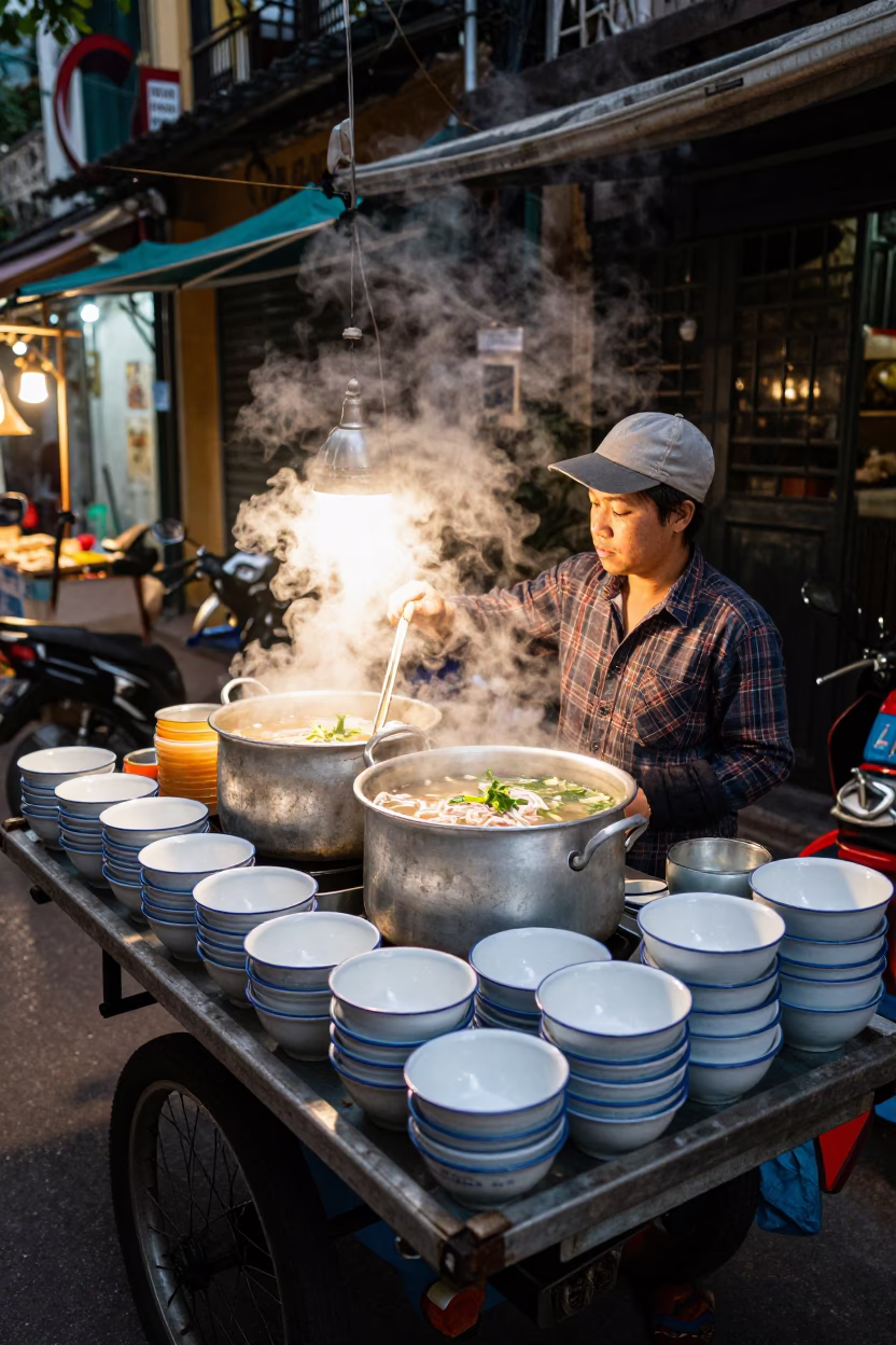 Hanoi Vietnam street food vendor serving pho with enamel bowls at dusk in in Hanoi, Vietnam