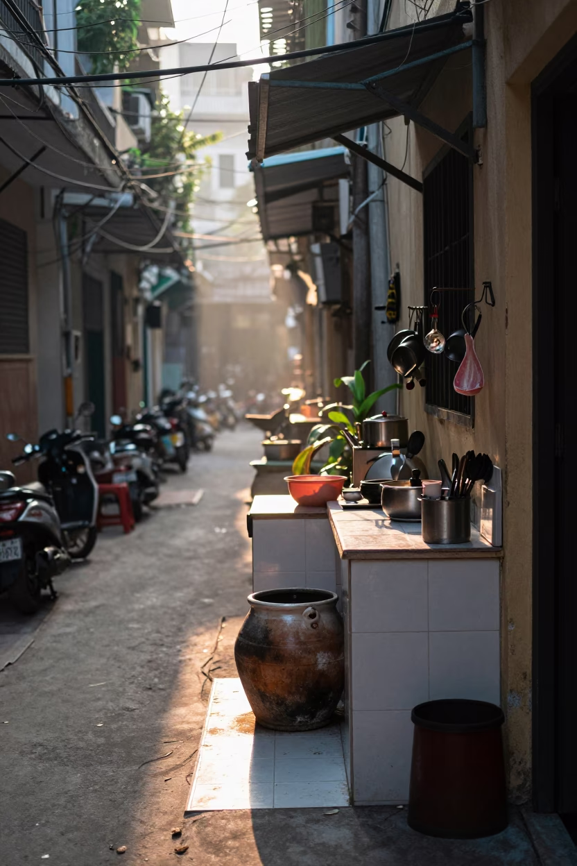 Hanoi Vietnam Street Morning First Light Kitchen Utensils and Daily Life in in Hanoi, Vietnam