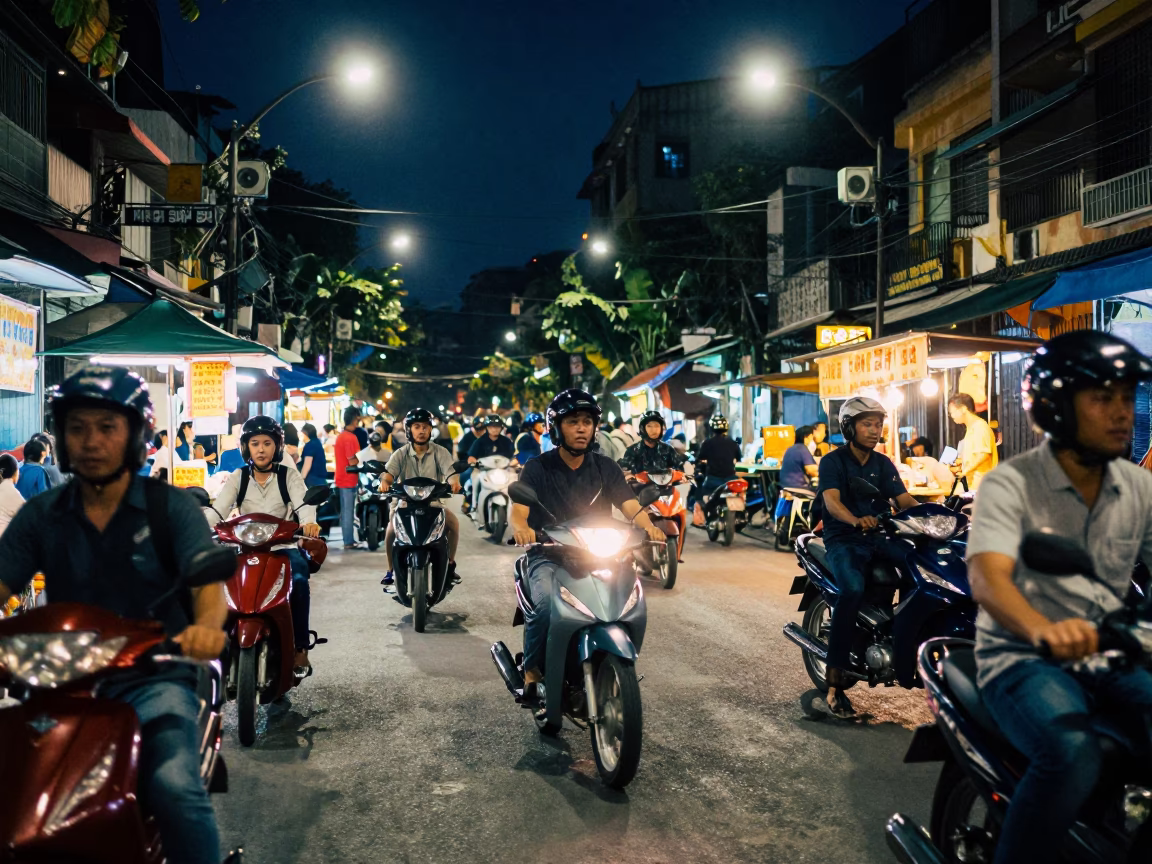 Hanoi Vietnam Street Night Scene with Motorbikes and Street Food Vendor in in Hanoi, Vietnam