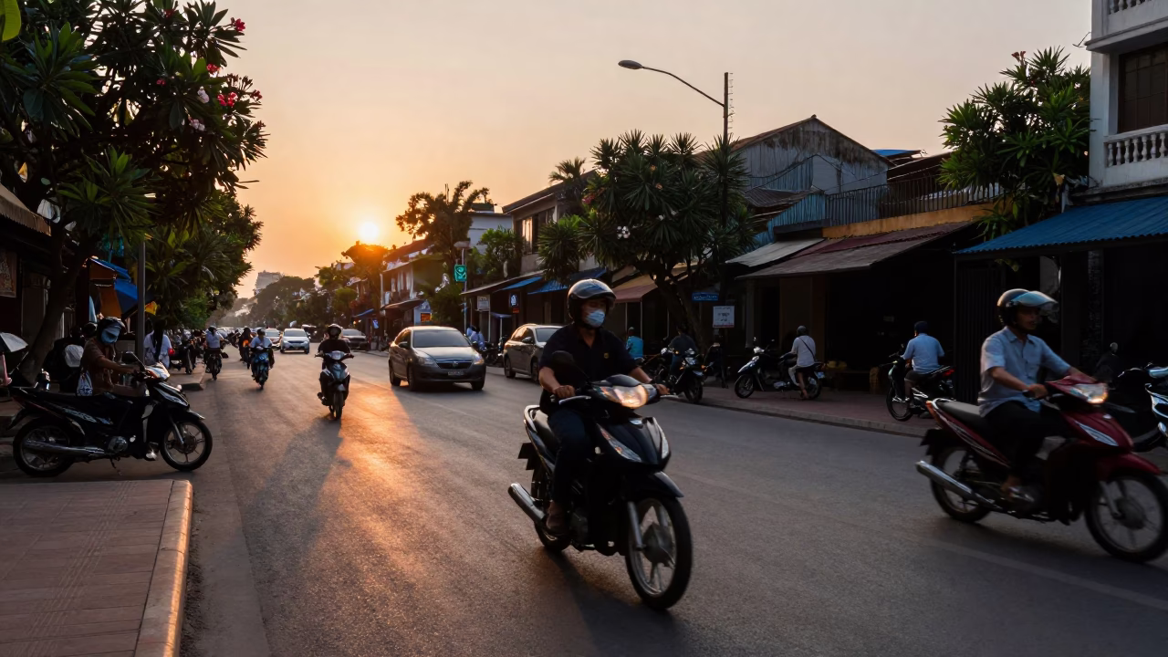 Hanoi Vietnam Street Photography at Sunset with Motorcycle and Plumeria Petals in in Hanoi, Vietnam