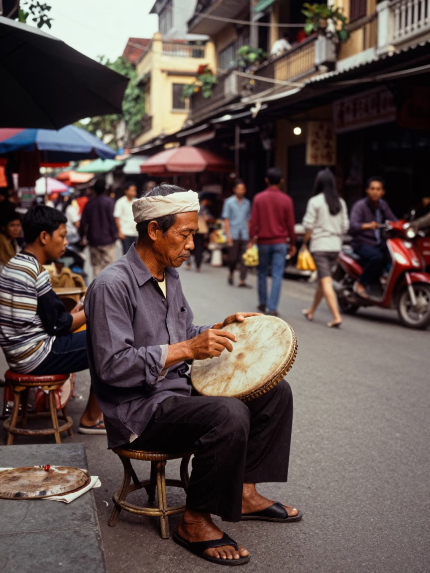 Hanoi Vietnam Street Scene 1970s Late Afternoon Light with Tambourine Player in in Hanoi, Vietnam