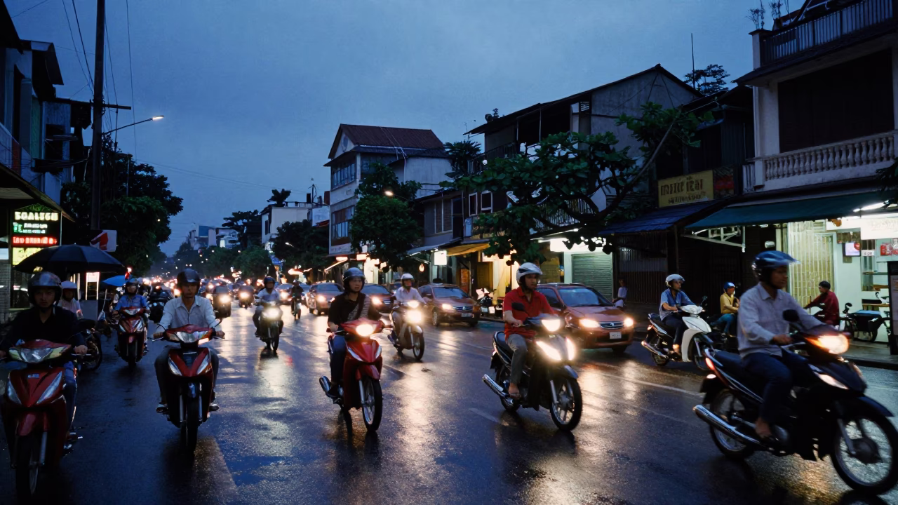 Hanoi Vietnam street scene at blue hour with motorbikes and wet pavement reflections in in Hanoi, Vietnam