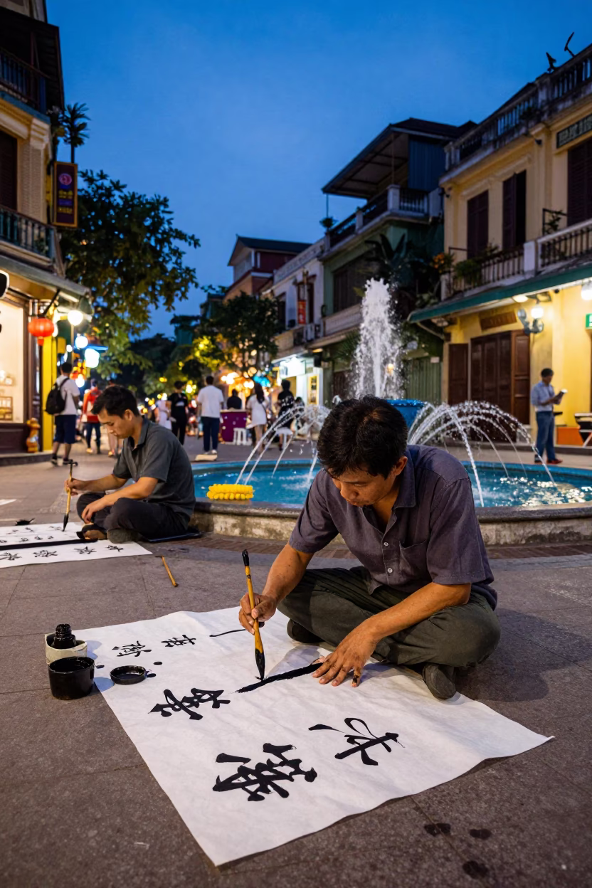 Hanoi Vietnam street scene at blue hour with traditional calligraphy demonstration and fountain pen in in Hanoi, Vietnam