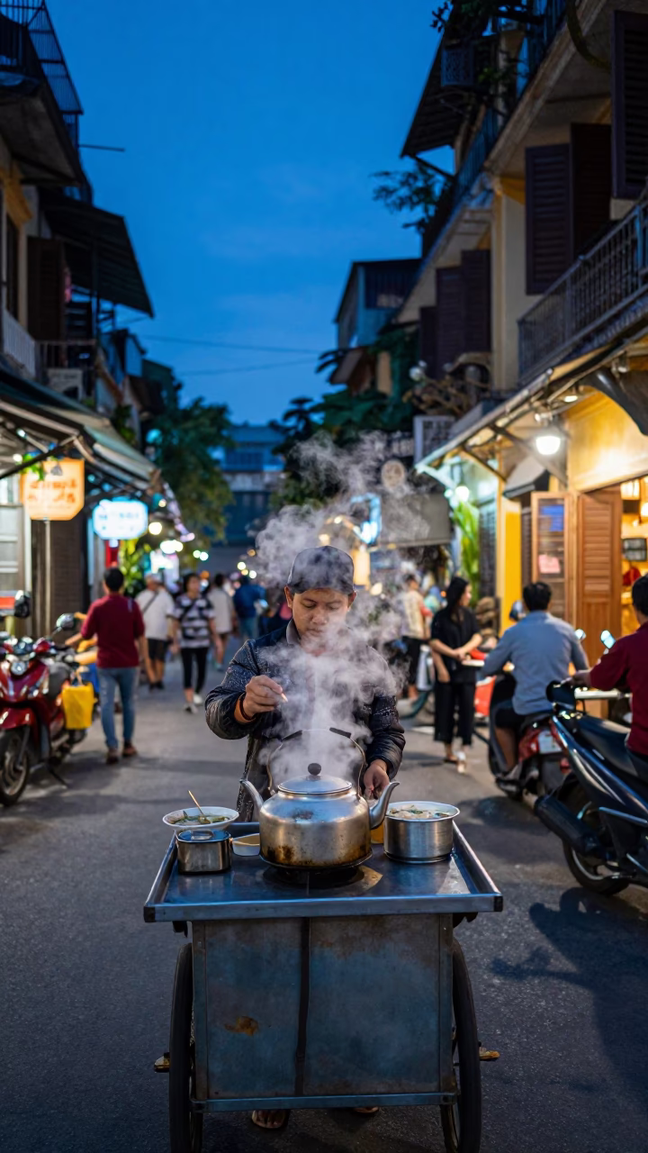 Hanoi Vietnam Street Scene at Blue Hour with Wonton Soup and Tea Kettle in in Hanoi, Vietnam