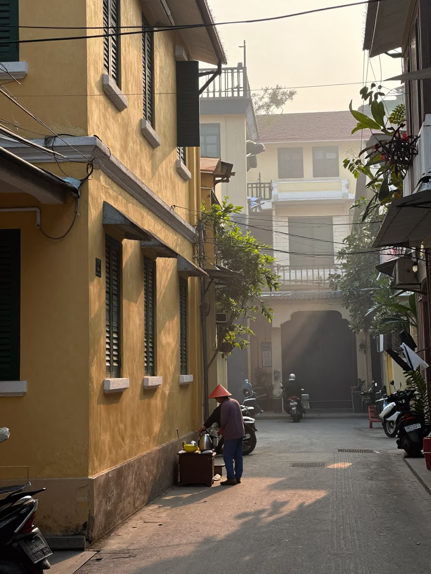 Hanoi Vietnam street scene at dawn with electric kettle and traditional architecture in in Hanoi, Vietnam
