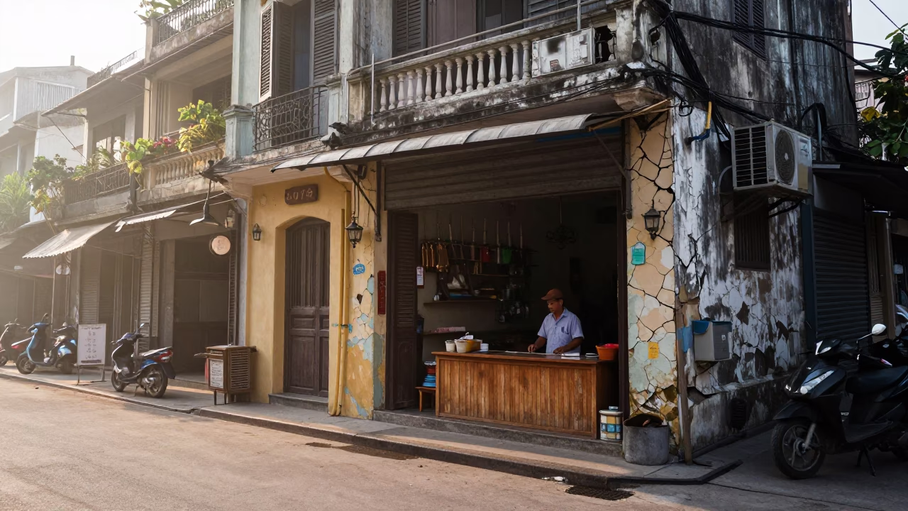 Hanoi Vietnam Street Scene at Dawn with Shopkeeper and Cracked Stucco in in Hanoi, Vietnam
