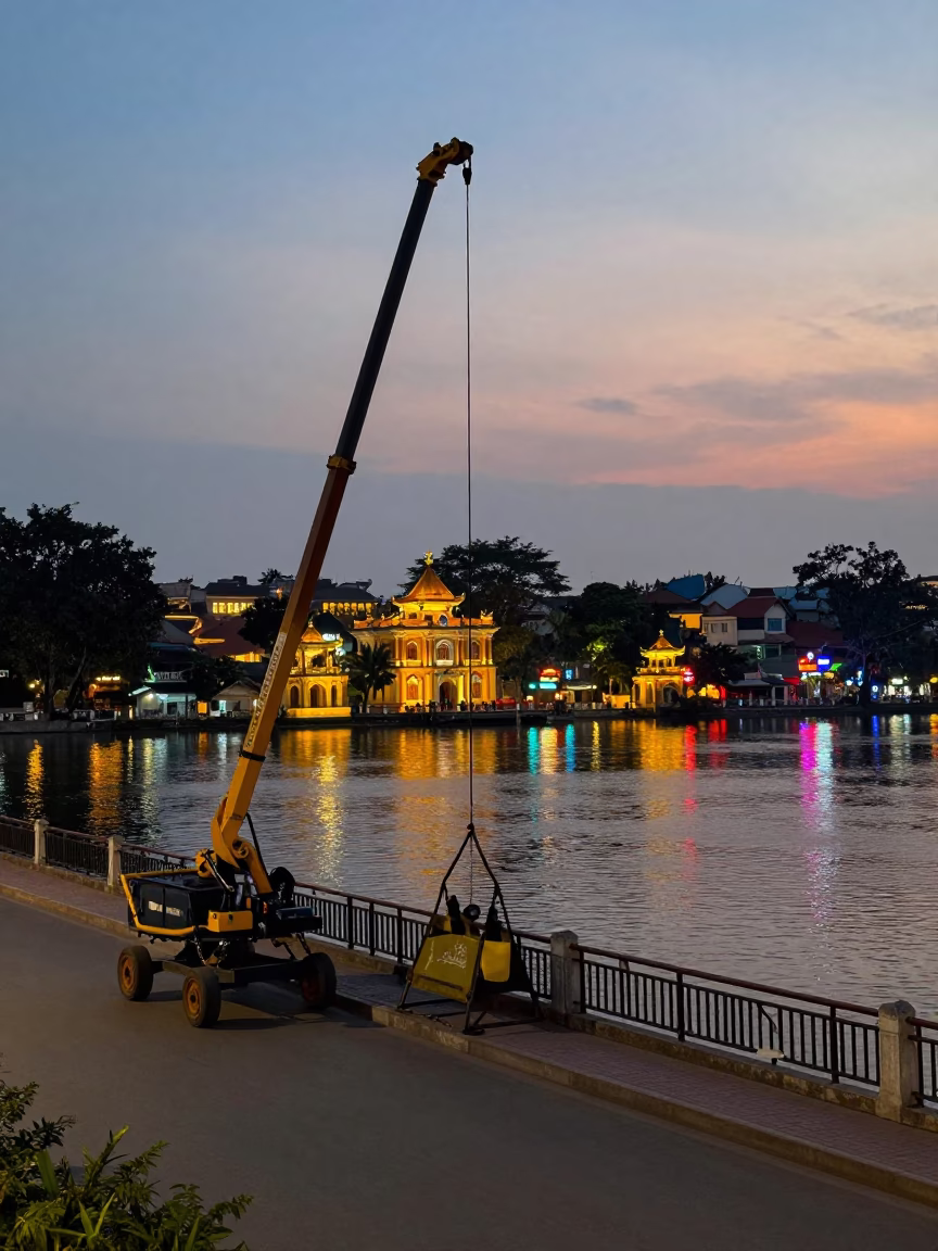 Hanoi Vietnam Street Scene at Dusk with Bridge Maintenance and Lotus Pond in in Hanoi, Vietnam