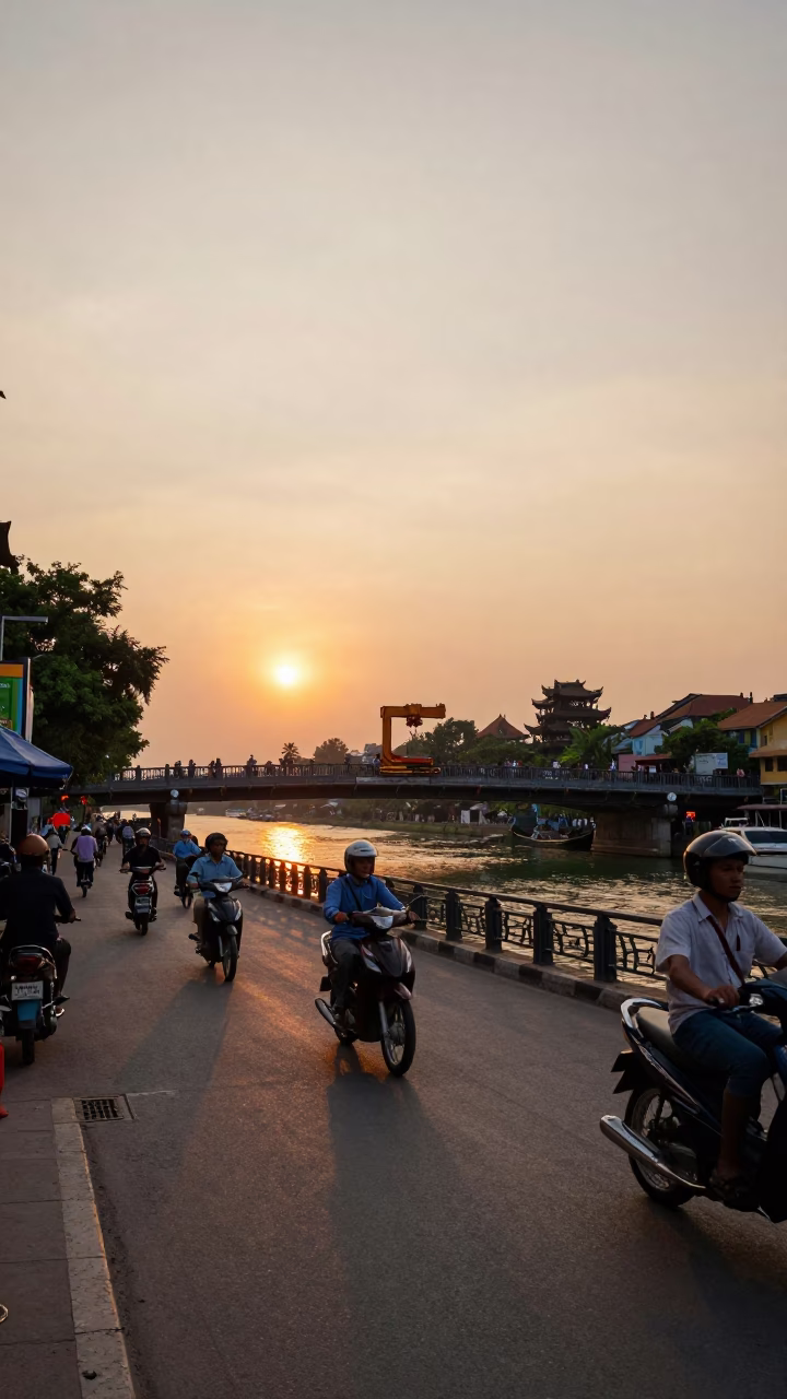 Hanoi Vietnam Street Scene at Dusk with Bridge Maintenance and River Activity in in Hanoi, Vietnam