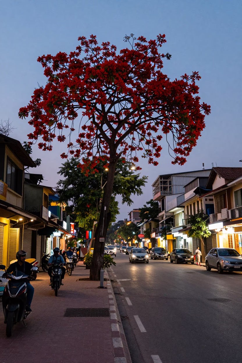Hanoi Vietnam Street Scene at Dusk with Flame Tree and Motorbikes in in Hanoi, Vietnam