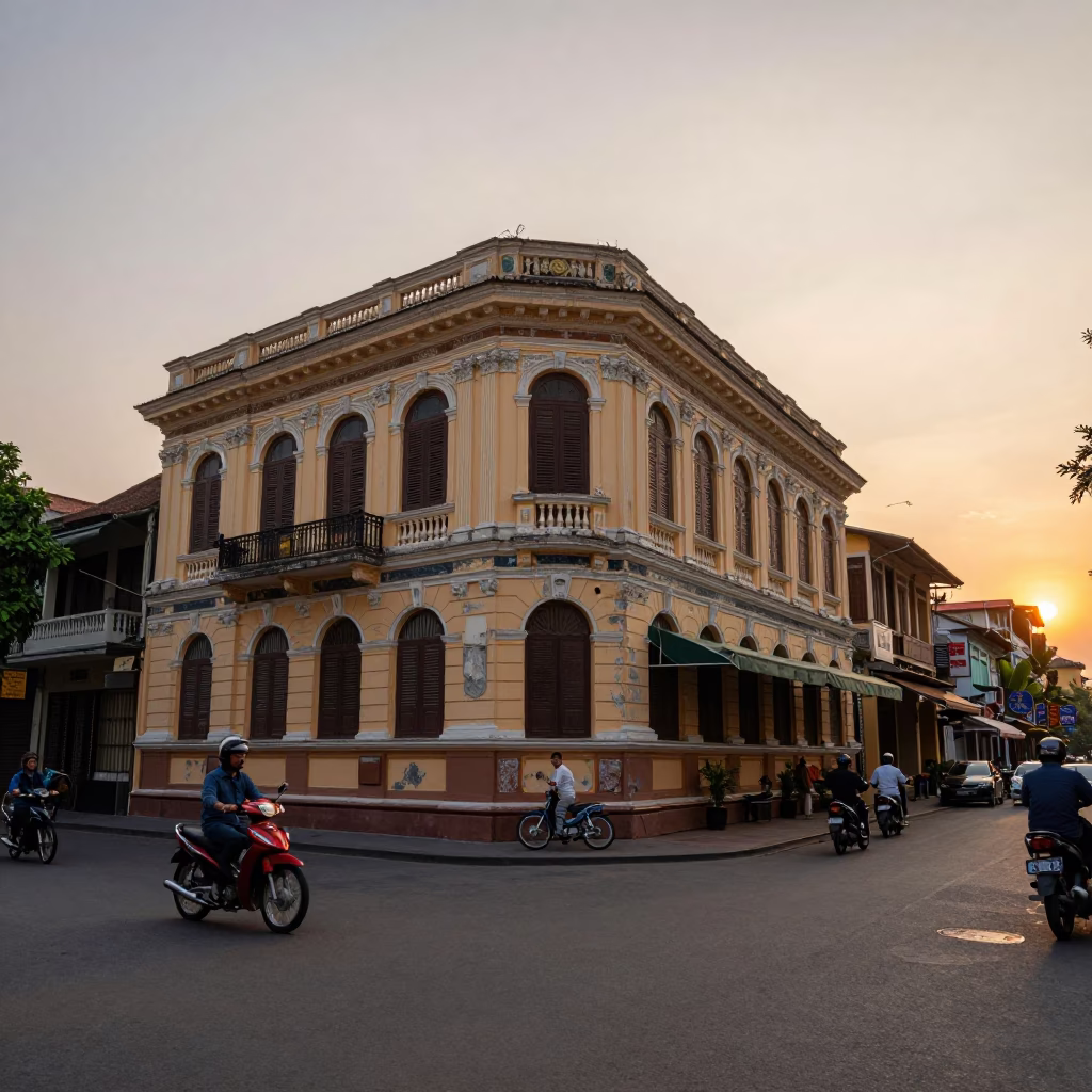 Hanoi Vietnam Street Scene at Dusk with Motorbikes and French Colonial Architecture in in Hanoi, Vietnam