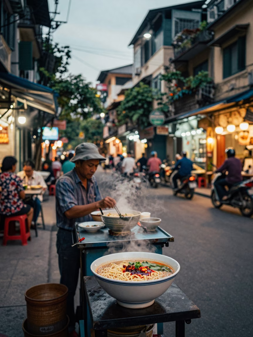 Hanoi Vietnam Street Scene at Dusk with Ramen Bowl and Rain in in Hanoi, Vietnam