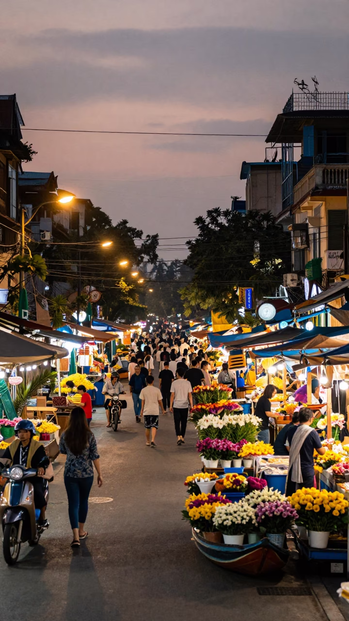Hanoi Vietnam Street Scene at Dusk with Sampan Flower Market and Commuter Train Bridge in in Hanoi, Vietnam