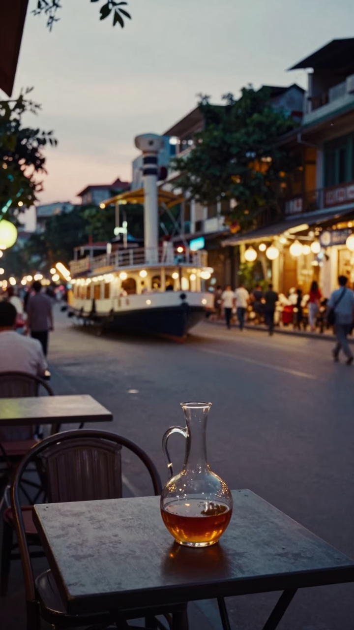Hanoi Vietnam Street Scene at Dusk with Steamboat and Decanter on Table in in Hanoi, Vietnam