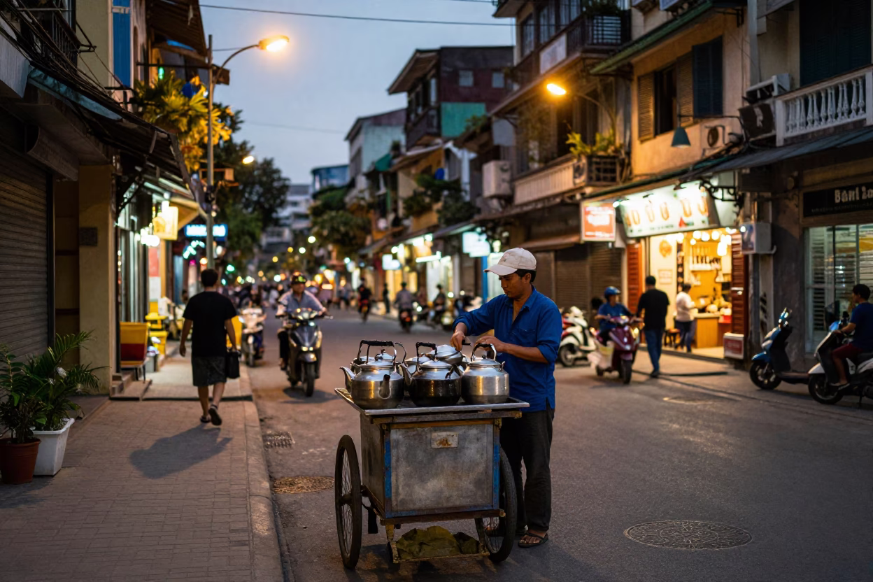 Hanoi Vietnam Street Scene at Dusk with Tea Kettles and City Lights in in Hanoi, Vietnam