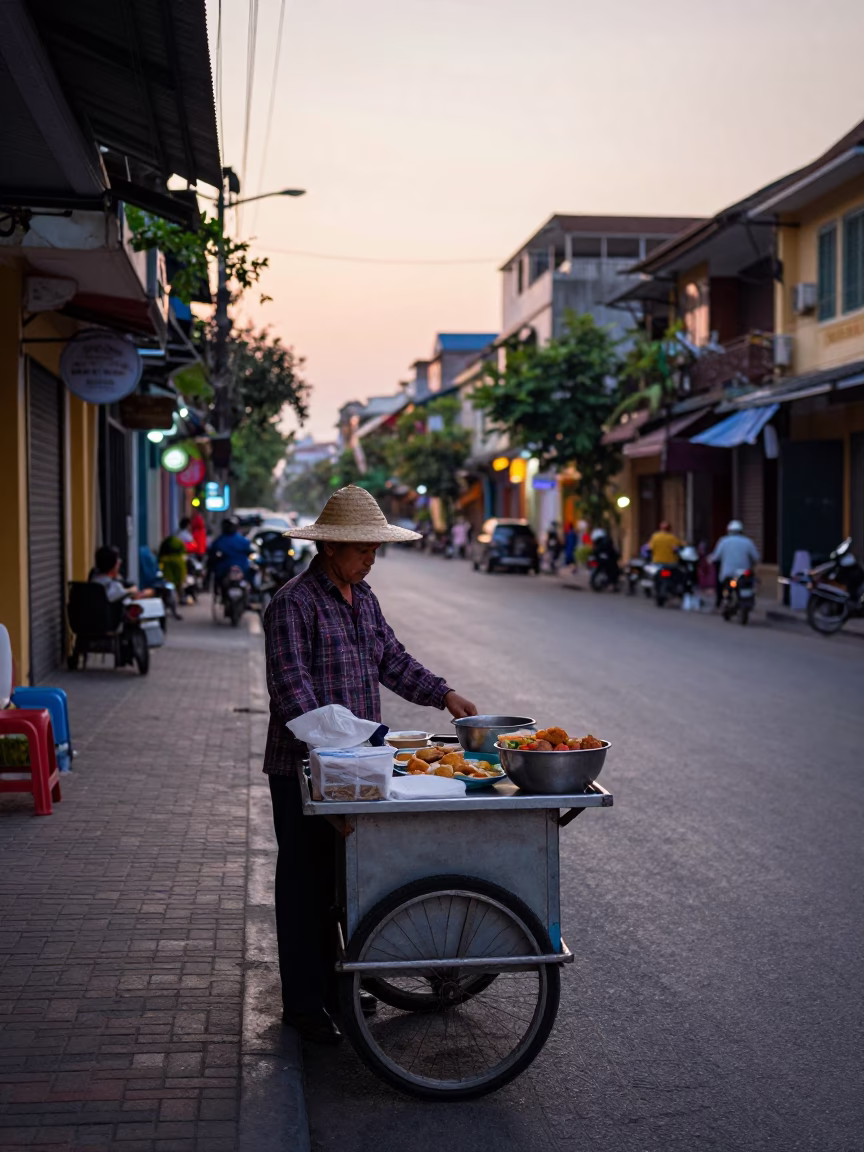 Hanoi Vietnam Street Scene at Nautical Dawn with Local Breakfast and Bicycle in in Hanoi, Vietnam