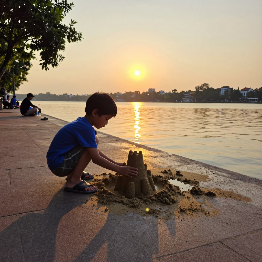 Hanoi Vietnam street scene at sunset with child building sandcastle and patterned rug in in Hanoi, Vietnam