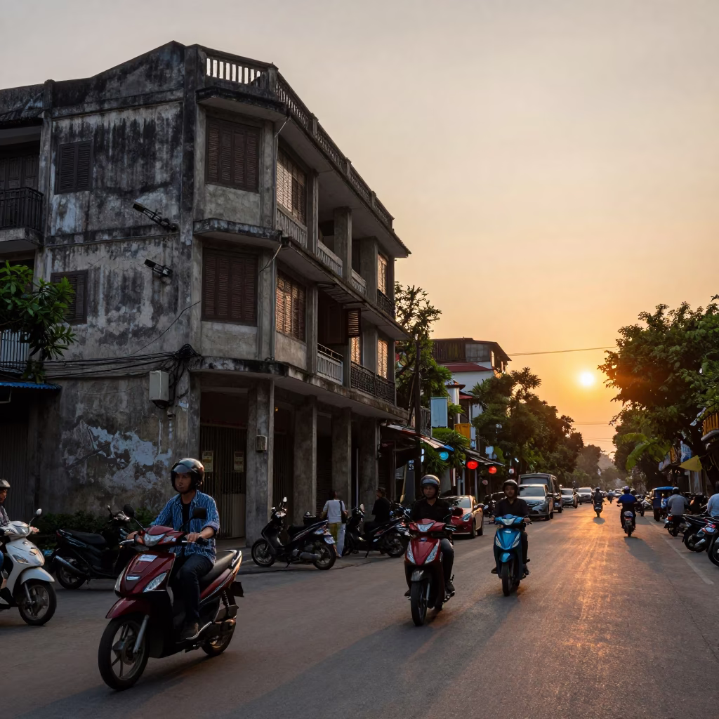 Hanoi Vietnam Street Scene at Sunset with Electric Motorbikes and Concrete Architecture in in Hanoi, Vietnam