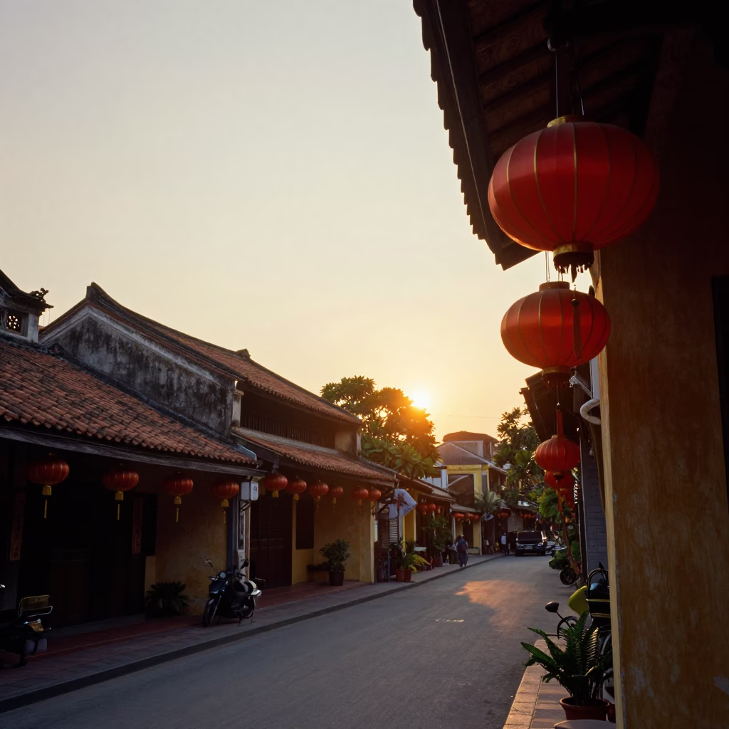 Hanoi Vietnam Street Scene at Sunset with Lanterns and Traditional Architecture in in Hanoi, Vietnam
