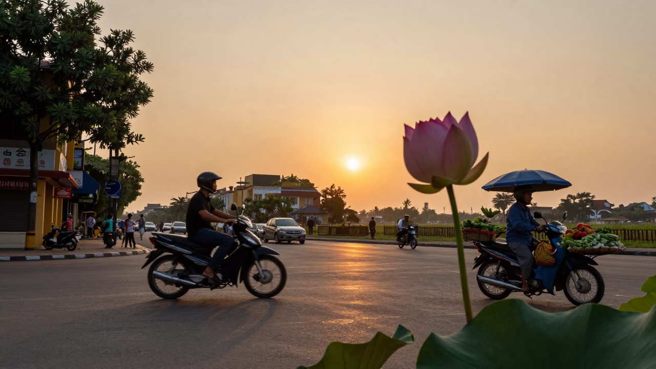 Hanoi Vietnam Street Scene at Sunset with Lotus Bud and Urban Life in in Hanoi, Vietnam