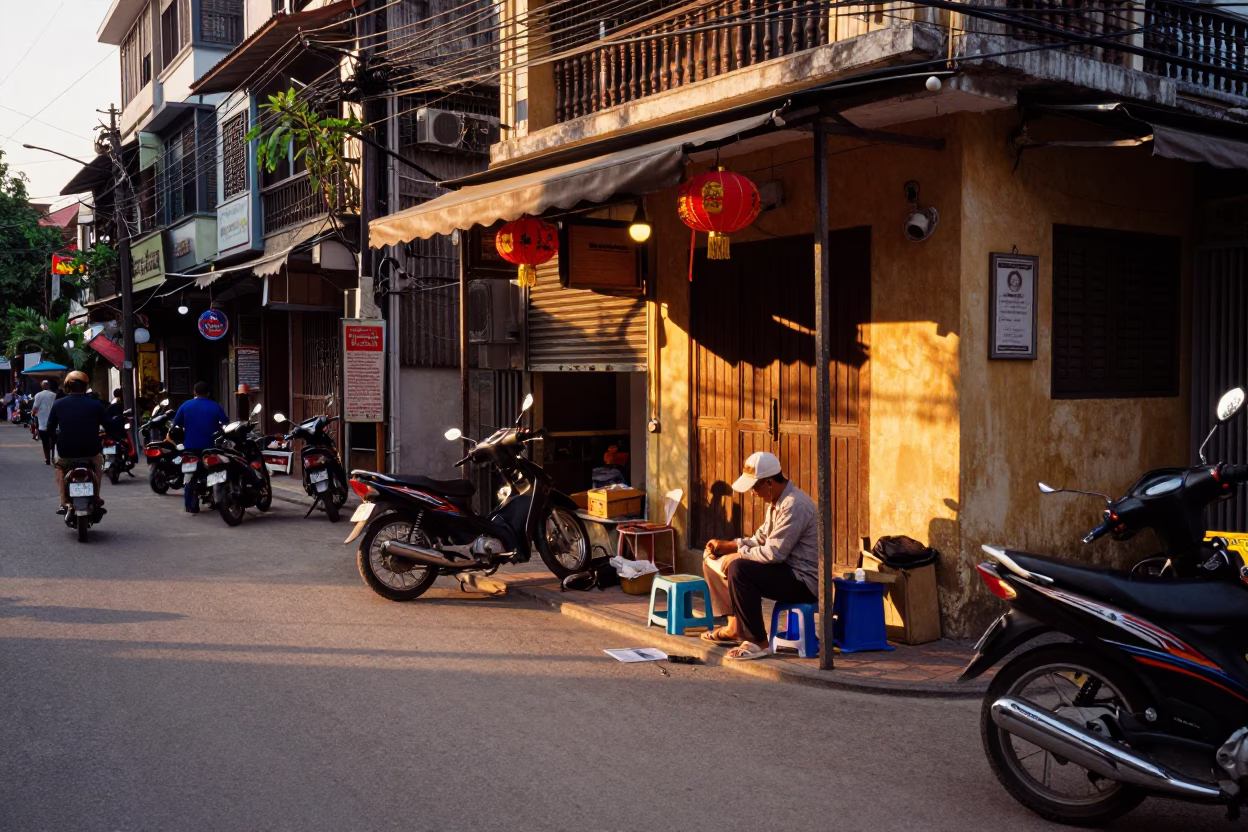 Hanoi Vietnam Street Scene at Sunset with Motorbikes and Hand Tools in in Hanoi, Vietnam