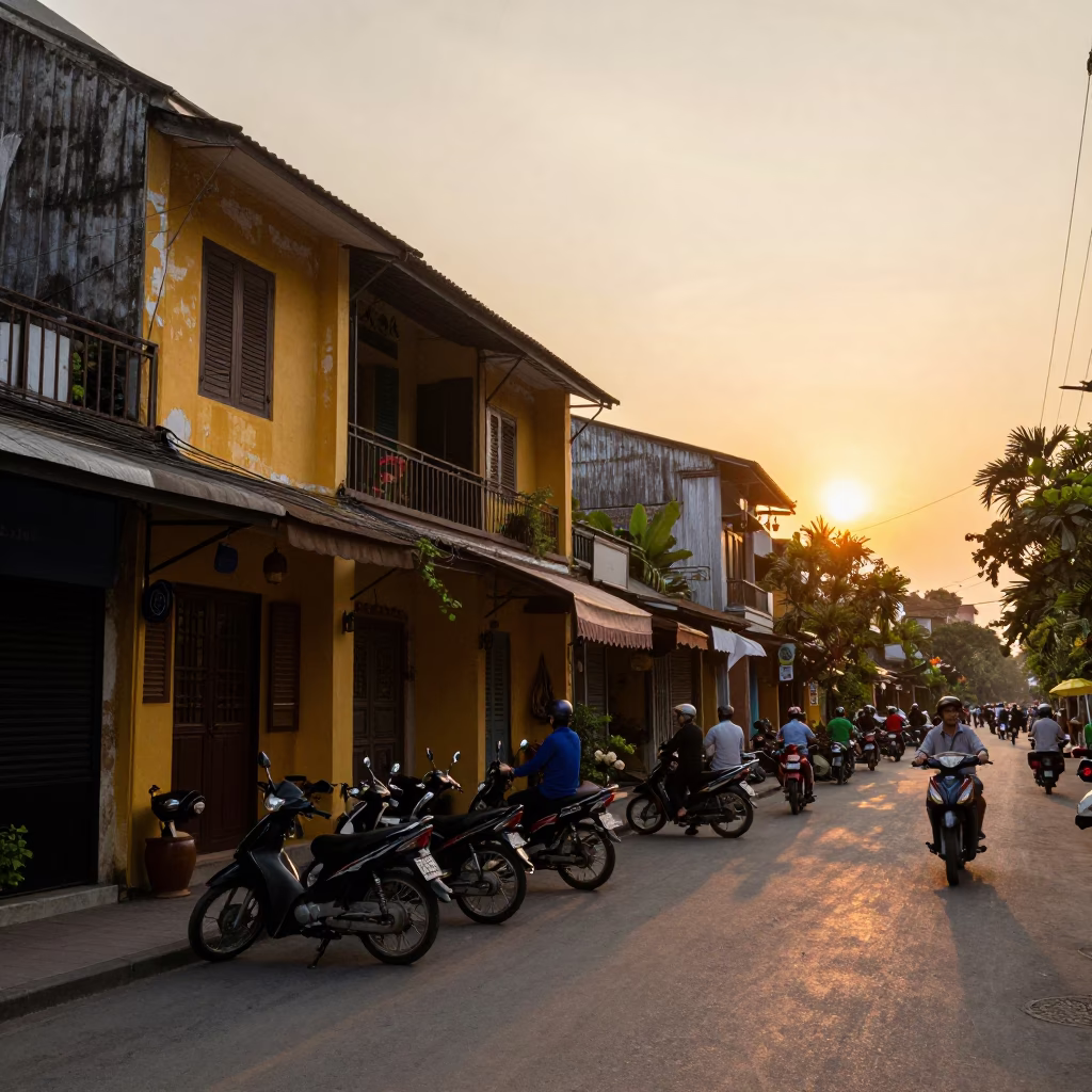 Hanoi Vietnam street scene at sunset with motorbikes and traditional architecture in in Hanoi, Vietnam