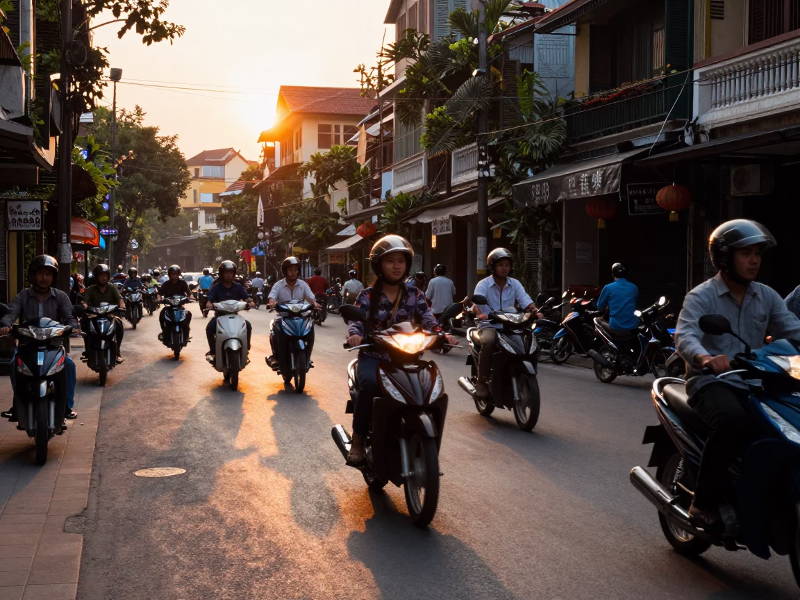 Hanoi Vietnam street scene at sunset with motorbikes passing traditional architecture in in Hanoi, Vietnam