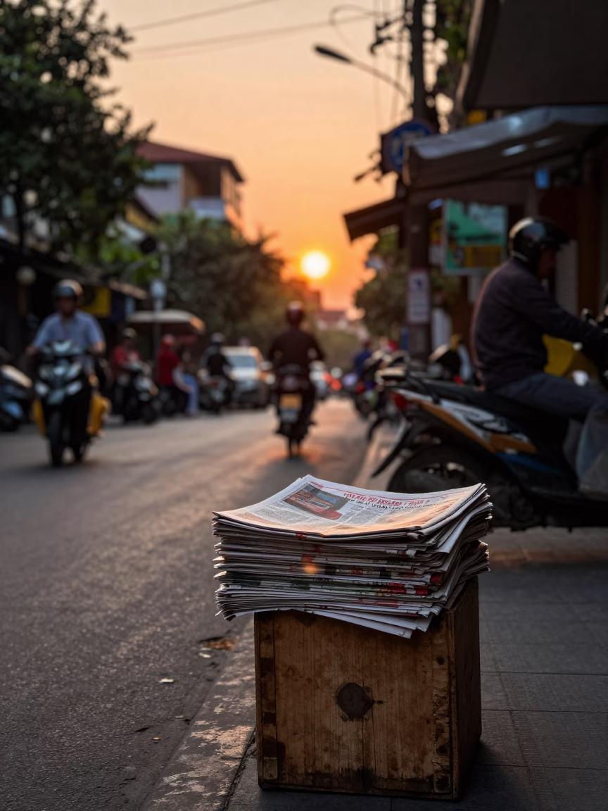 Hanoi Vietnam street scene at sunset with newspaper stack and local vendor in in Hanoi, Vietnam