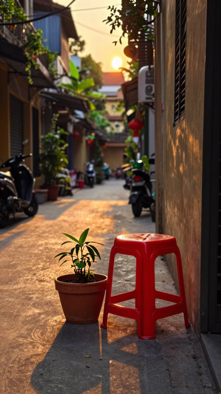 Hanoi Vietnam street scene at sunset with plastic stool and flowerpot in in Hanoi, Vietnam