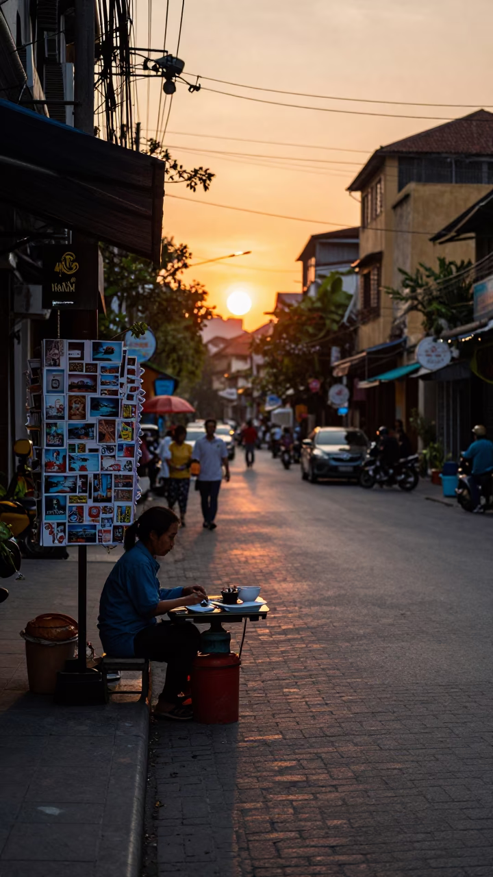Hanoi Vietnam Street Scene at Sunset with Postcards and Local Market Activity in in Hanoi, Vietnam