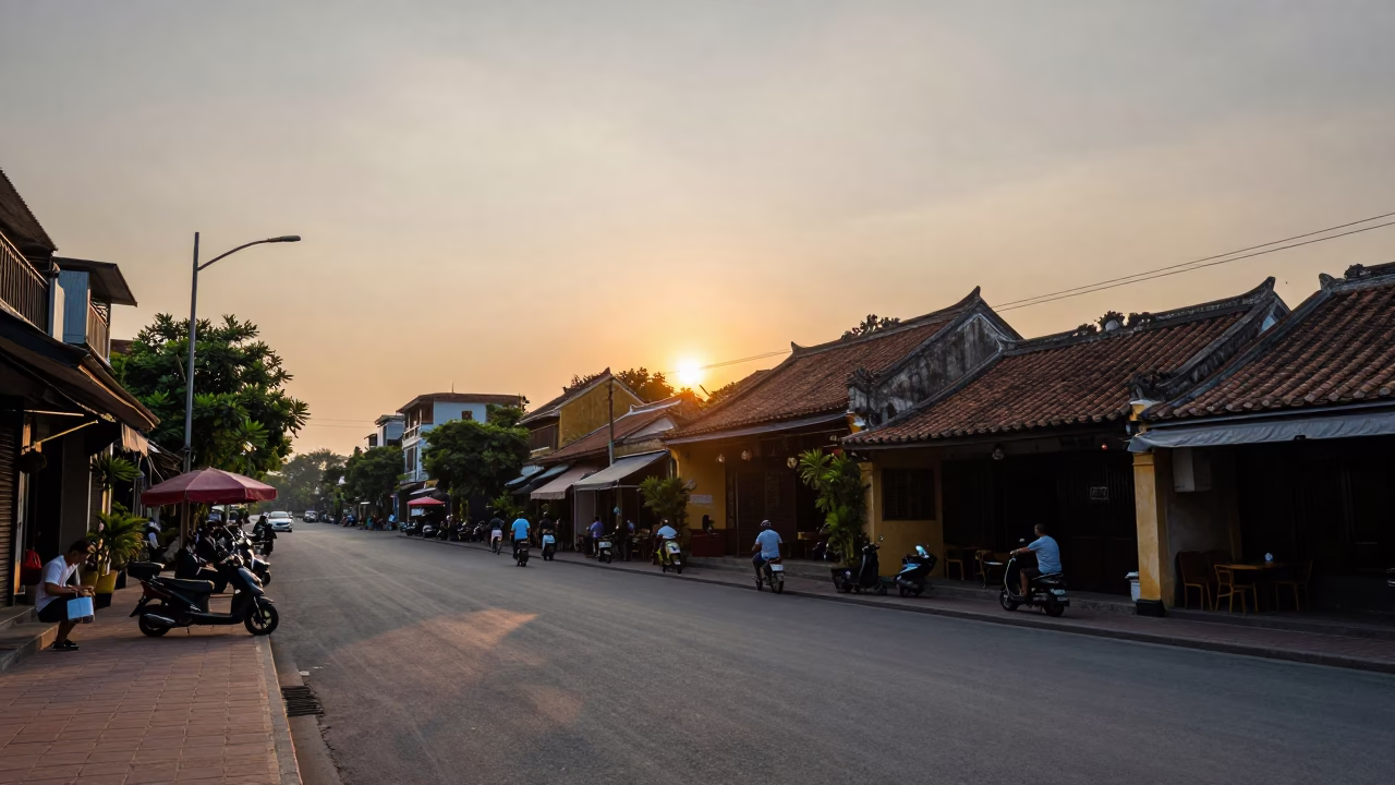 Hanoi Vietnam street scene at sunset with traditional architecture and daily life in in Hanoi, Vietnam