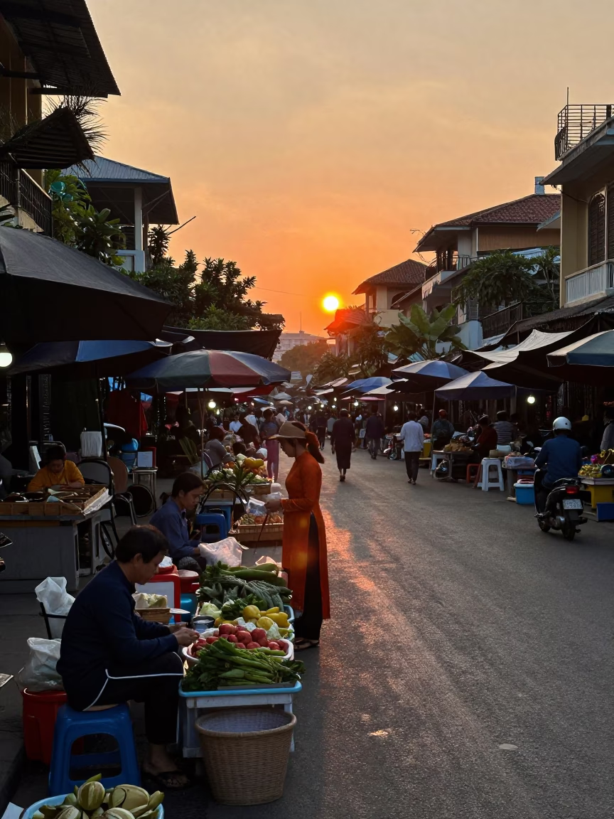 Hanoi Vietnam Street Scene at Sunset with Traditional Market Activity in in Hanoi, Vietnam