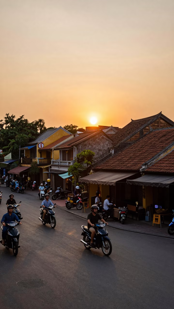 Hanoi Vietnam Street Scene at Sunset with Traditional Motorbikes and Old Quarter Architecture in in Hanoi, Vietnam