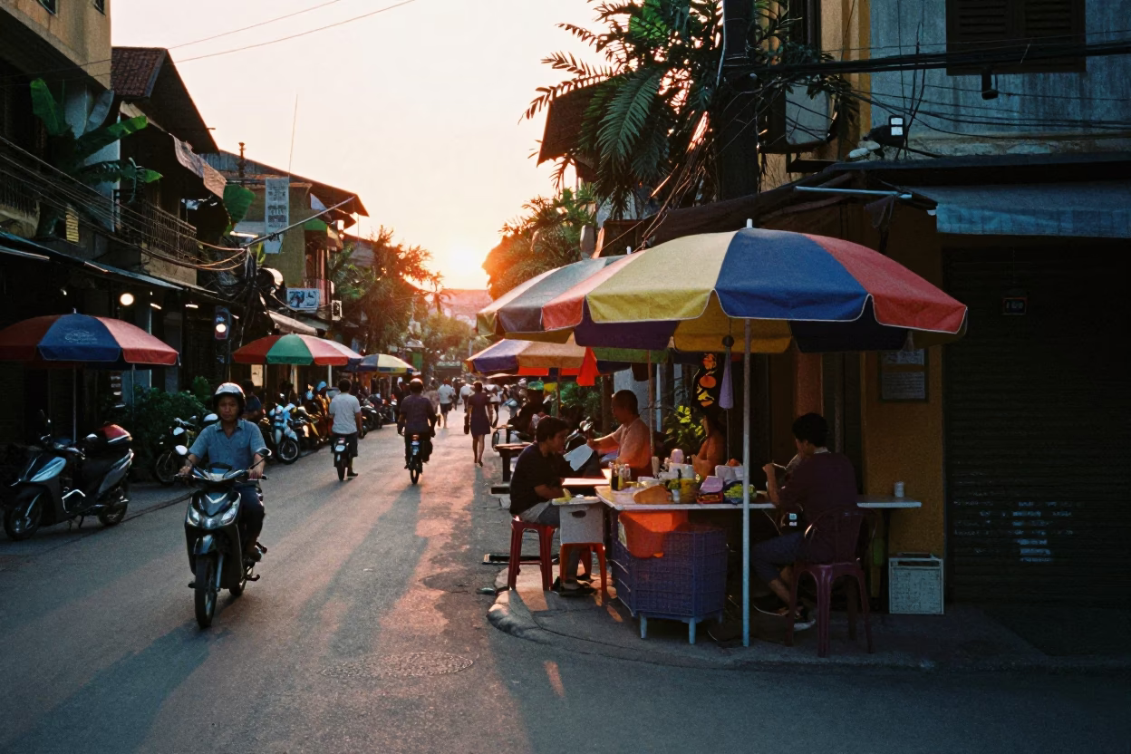 Hanoi Vietnam Street Scene at Sunset with Umbrellas and Local Life in in Hanoi, Vietnam