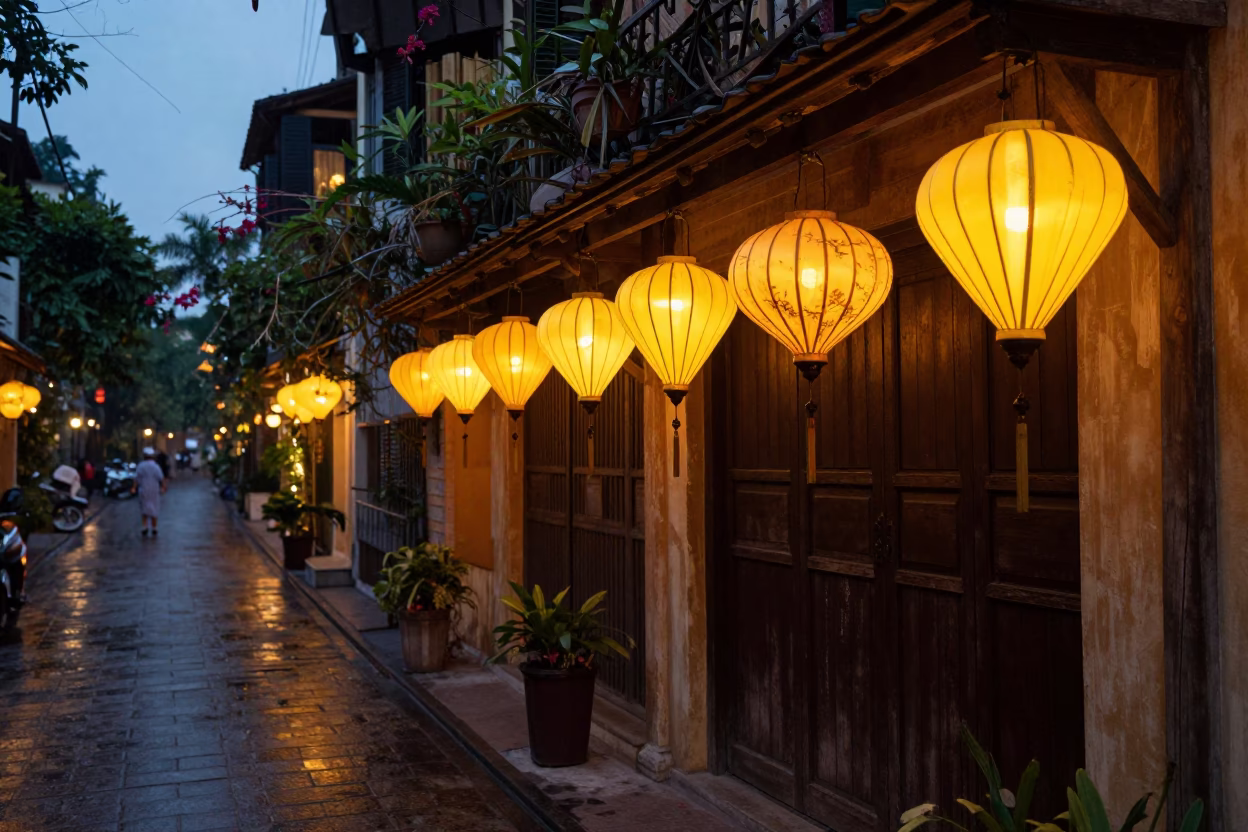 Hanoi Vietnam street scene before dawn with traditional lanterns and quiet alleyway atmosphere in in Hanoi, Vietnam