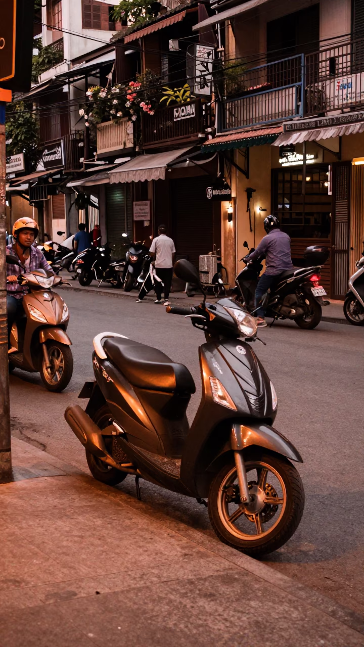 Hanoi Vietnam Street Scene Before Dusk Copper Light Scooter and Local Market Activity in in Hanoi, Vietnam