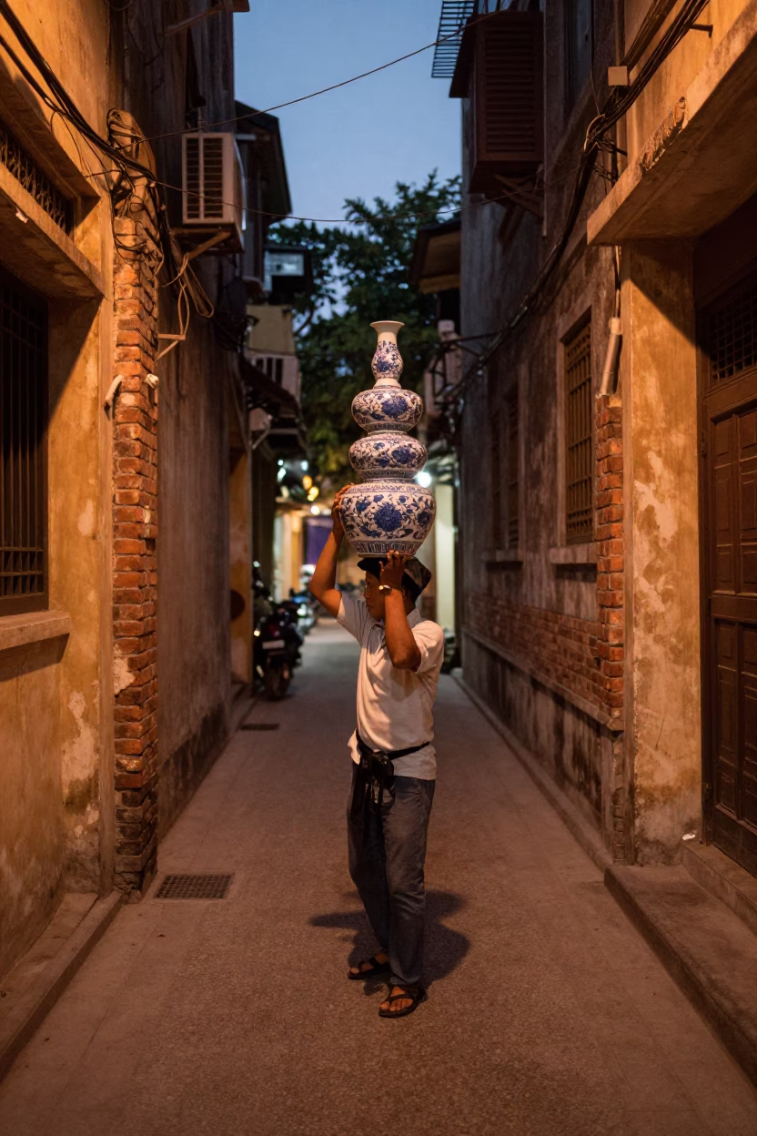 Hanoi Vietnam Street Scene Before Dusk with Blue White Porcelain and Bananas in in Hanoi, Vietnam