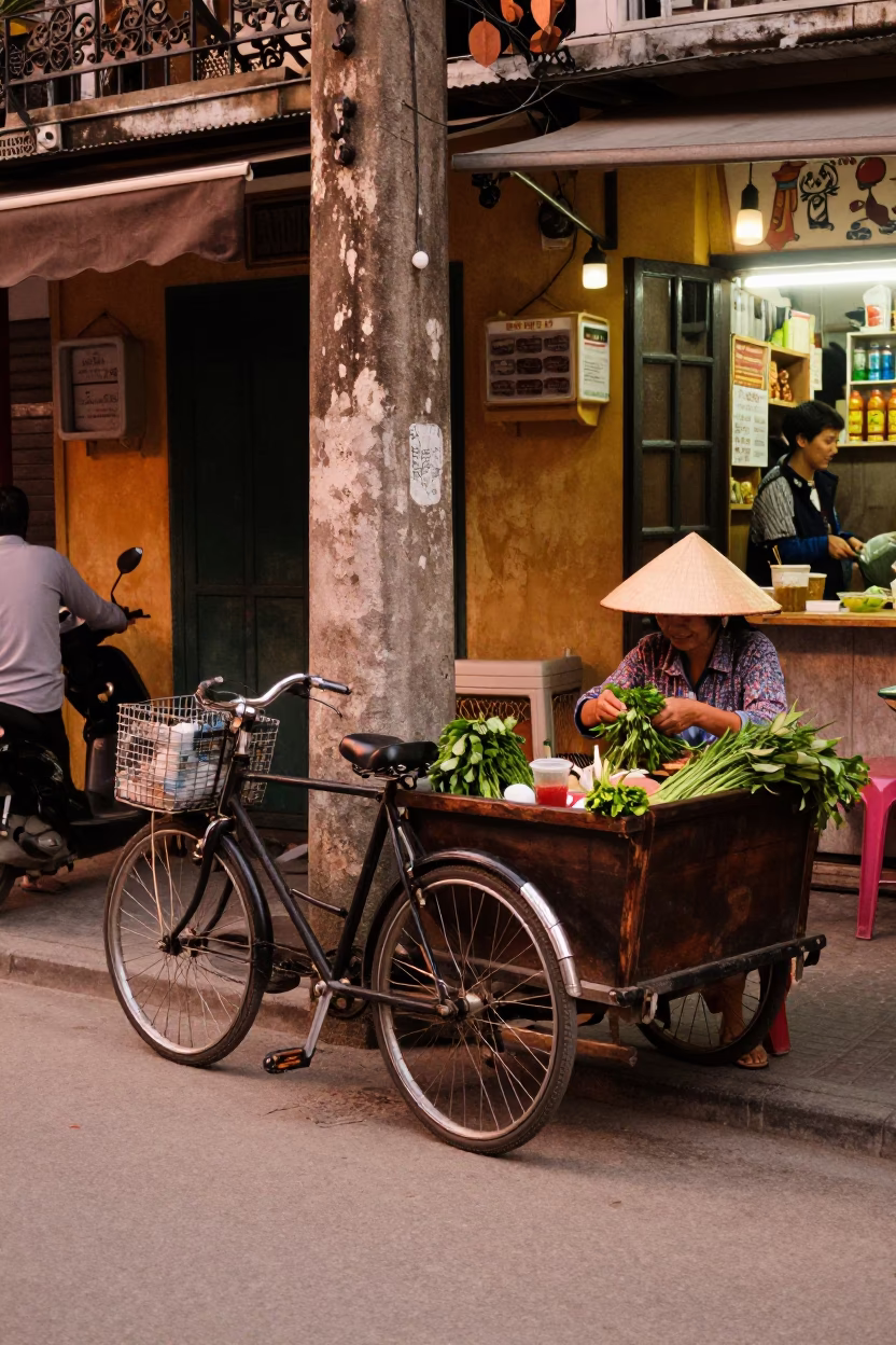 Hanoi Vietnam Street Scene Before Dusk with Cargo Bicycle and Local Life in in Hanoi, Vietnam