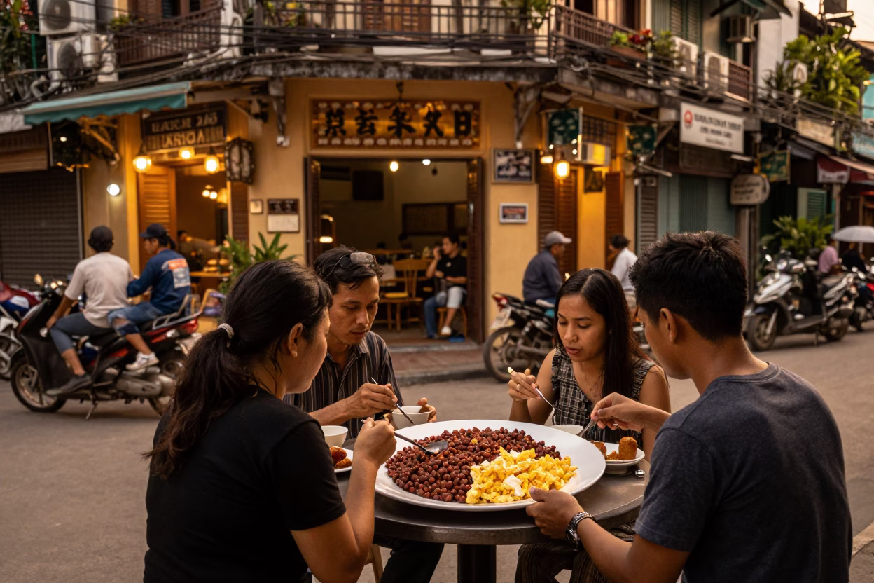 Hanoi Vietnam Street Scene Before Dusk with Local Dining and River Crossing in in Hanoi, Vietnam