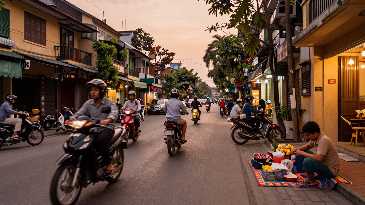 Hanoi Vietnam Street Scene Before Dusk with Motorbikes and Local Life in in Hanoi, Vietnam